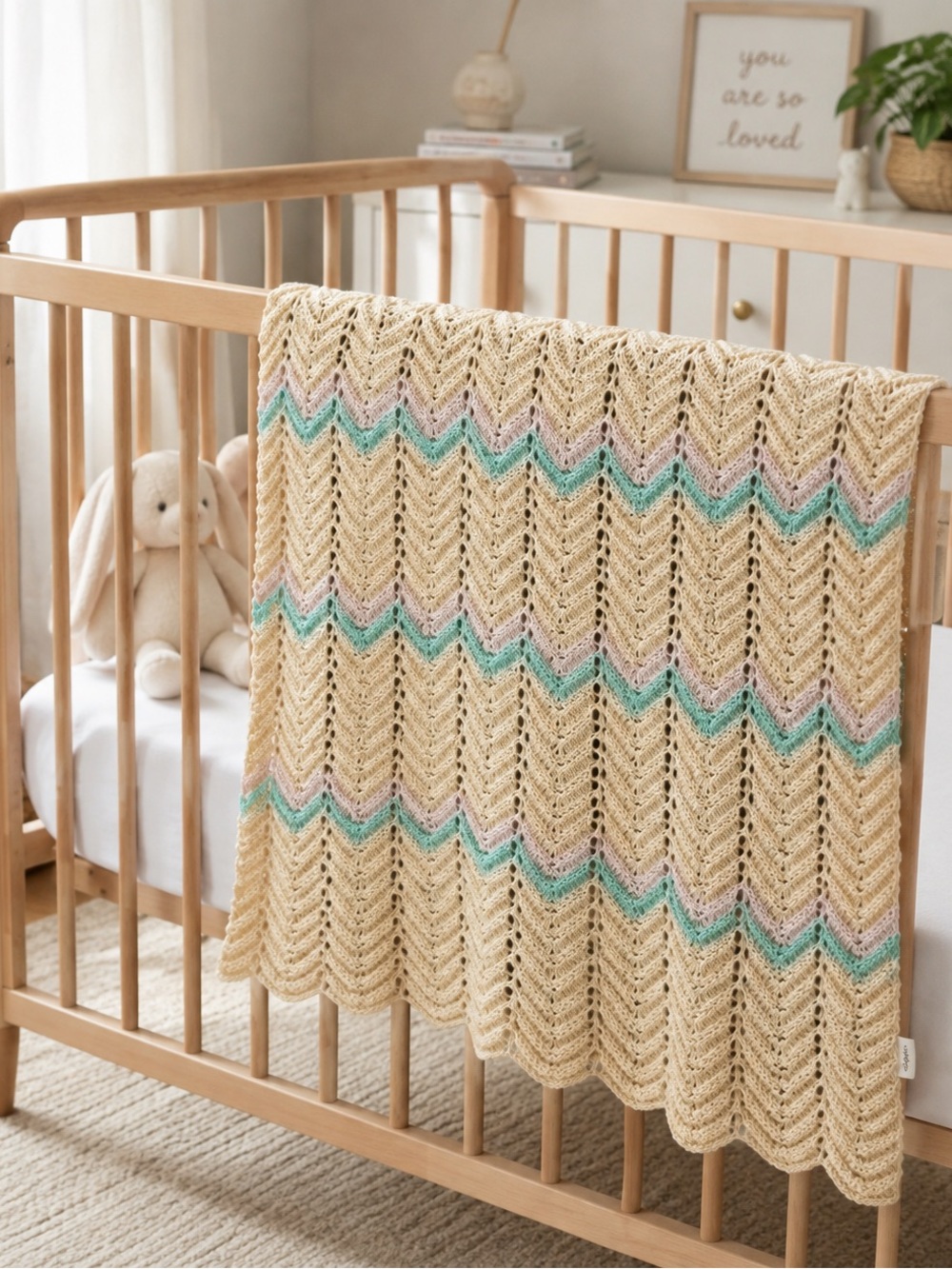 Chevron Knit Baby Throw in Cream with Mint and Pink Stripes 32 x 44”